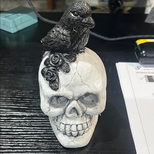 Black and White Skull with Raven Decor set with 2 skulls